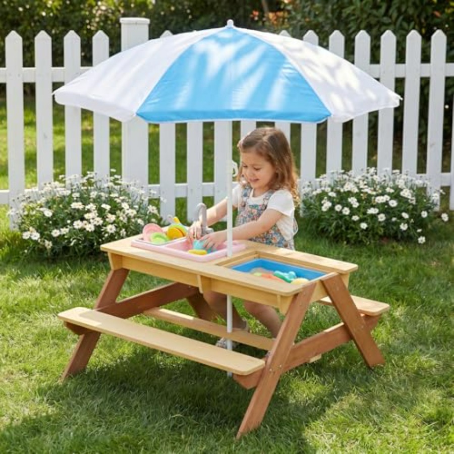 Kids Outdoor Table With Umbrella - 야외용 어린이 피크닉 테이블(우산 포함), 탈부착