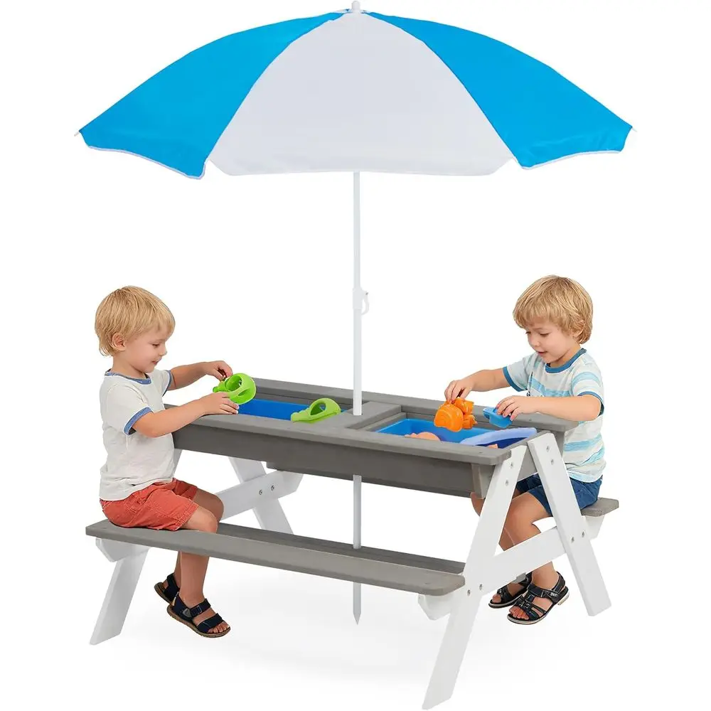 Kids Outdoor Table With Umbrella - 어린이용 3-in-1 접이식 나무 피크닉 테이블,