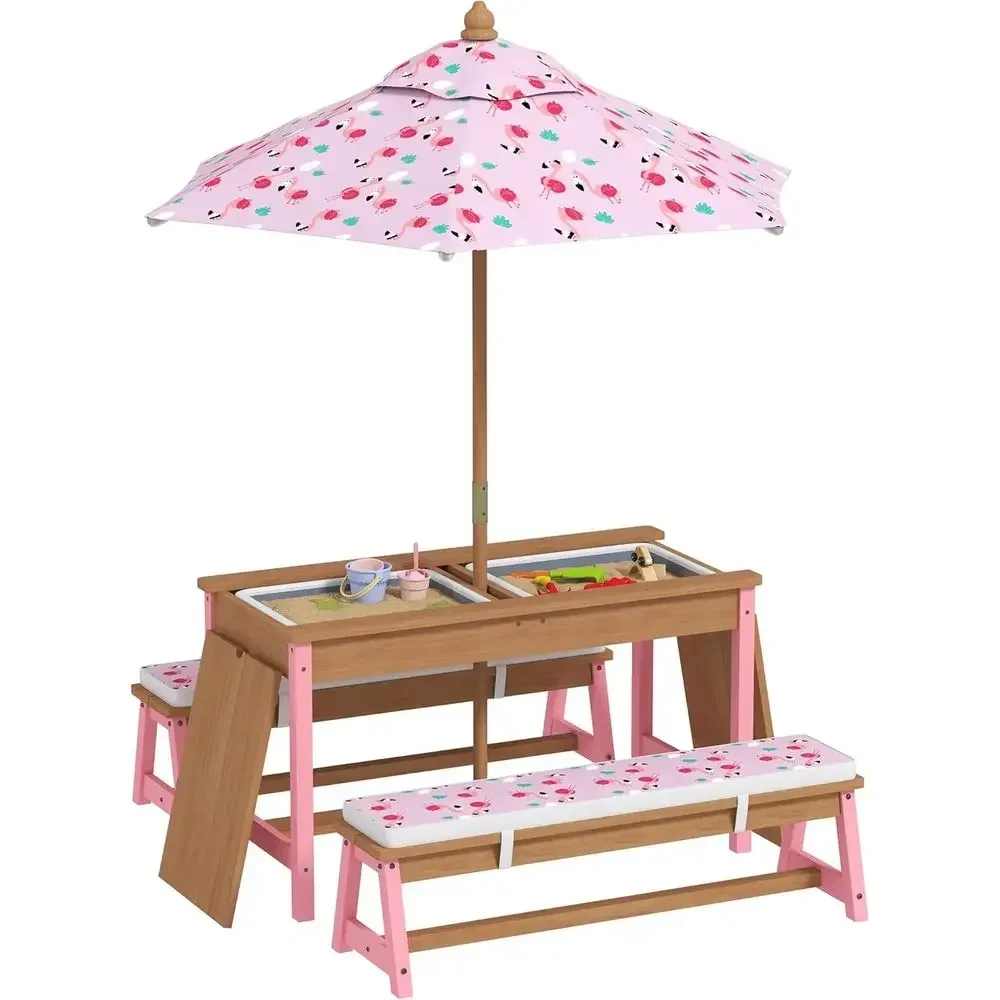 Kids Outdoor Table With Umbrella - 우산, 쿠션, 수납함이 포함된 나무 피크닉