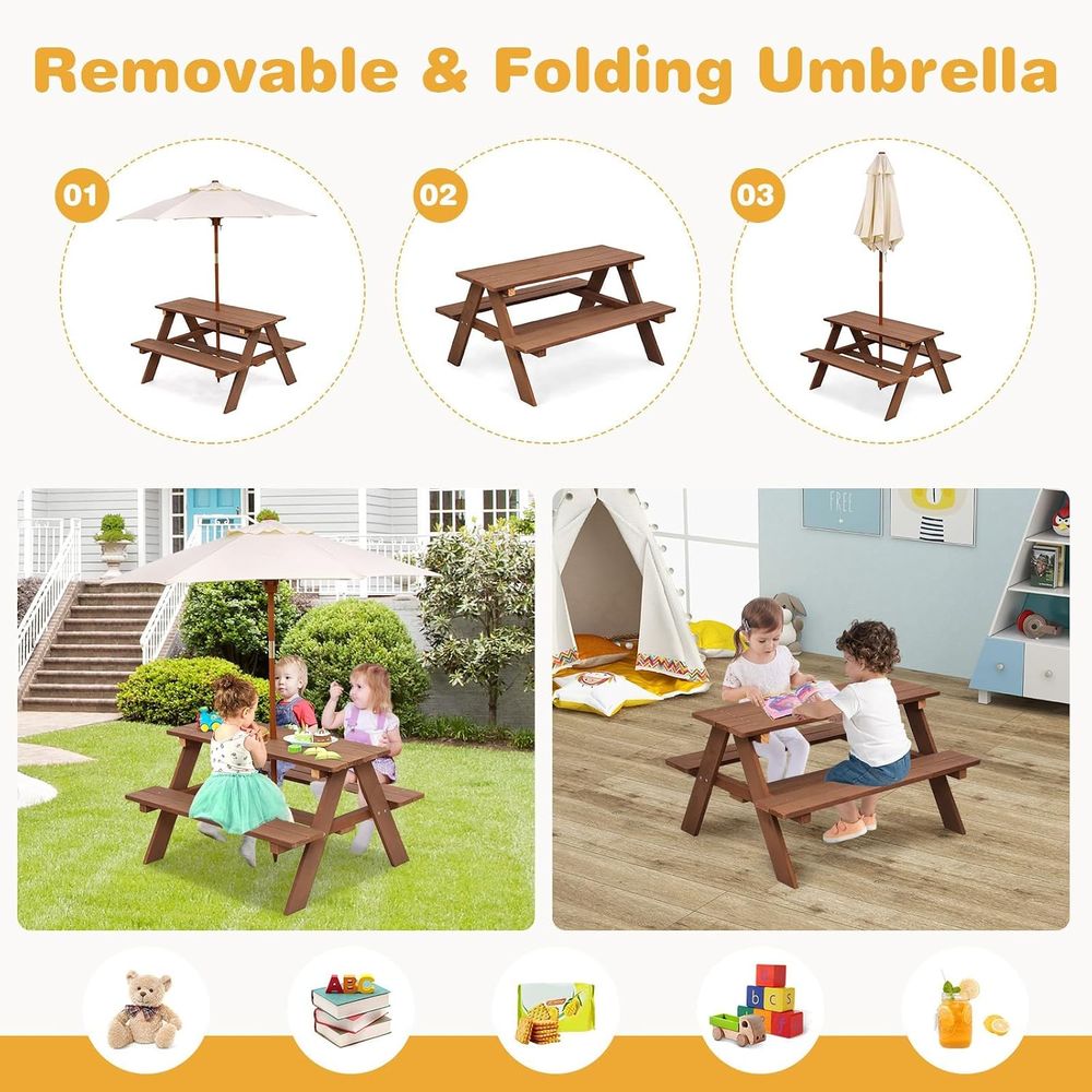 튼튼한 나무로 만든 어린이 피크닉 테이블 세트, 탈부착 - Kids Outdoor Table With Umbrella 리뷰 및 가격