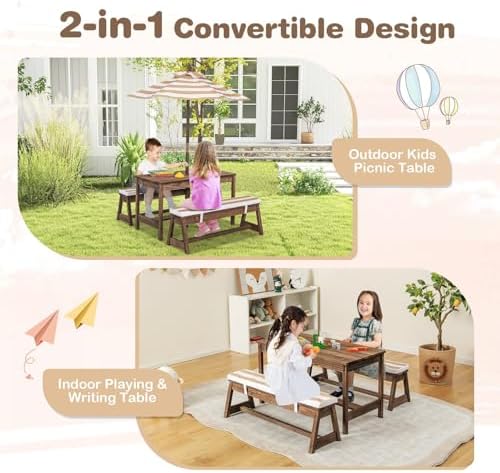 어린이 피크닉 테이블, 야외용 나무 테이블 & 벤치 세 - Kids Outdoor Table With Umbrella 리뷰 및 가격