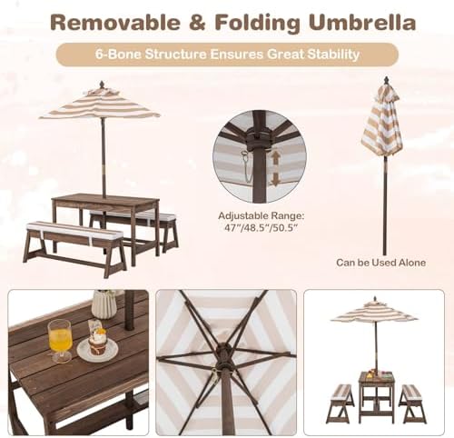 어린이 피크닉 테이블, 야외용 나무 테이블 & 벤치 세 - Kids Outdoor Table With Umbrella 리뷰 및 가격