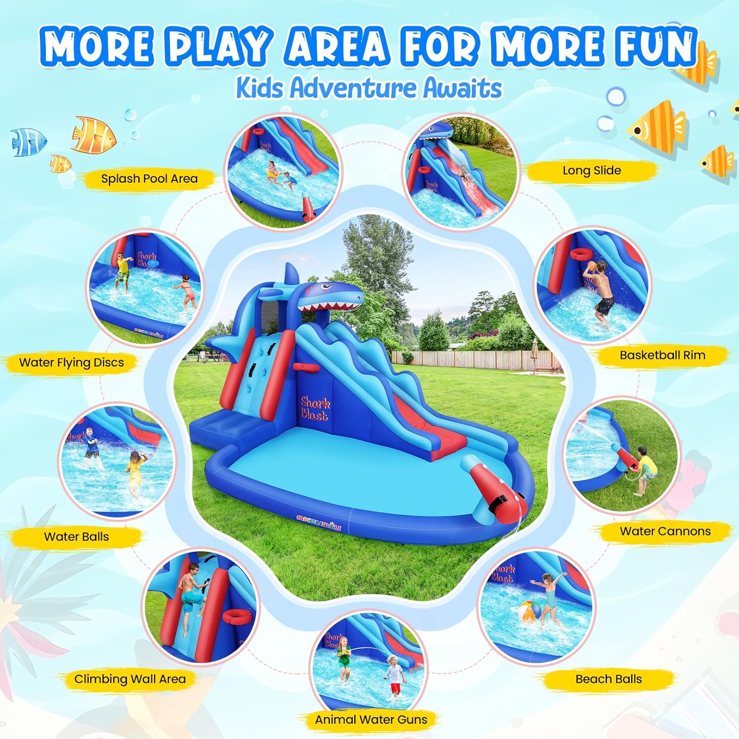 어린이용 상어 테마 에어바운스 워터파크: 야외용 에어  - Kids Outdoor Climbing Wall 리뷰 및 가격