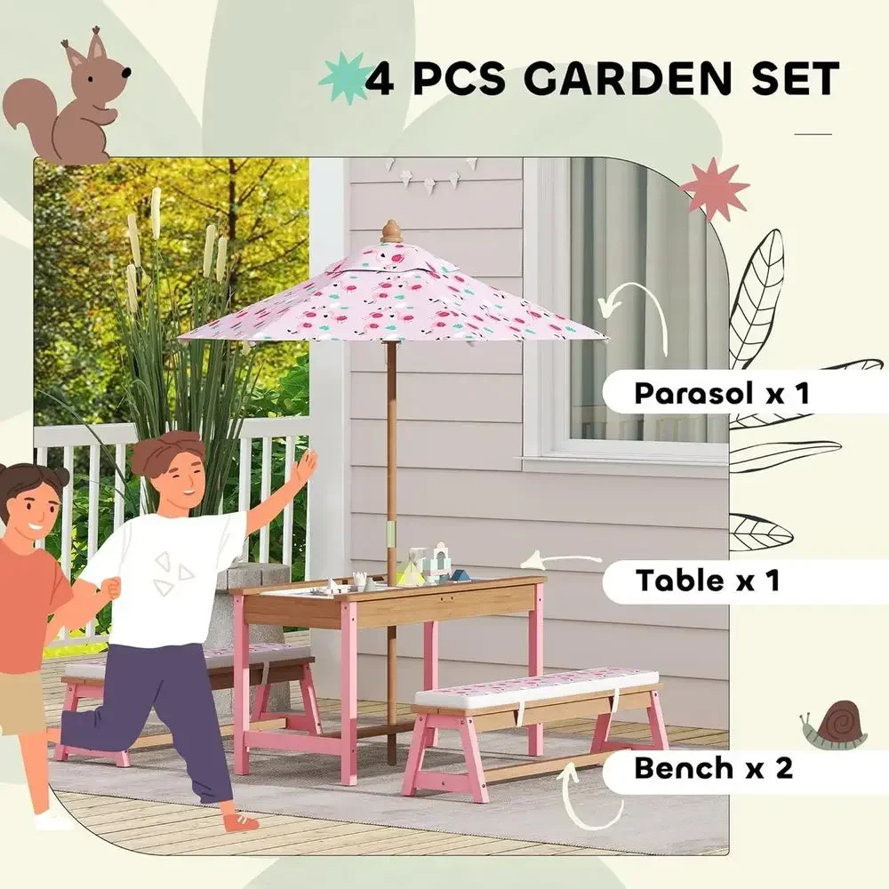 우산, 쿠션, 수납함이 포함된 나무 피크닉 테이블 세트 - Kids Outdoor Table With Umbrella 리뷰 및 가격