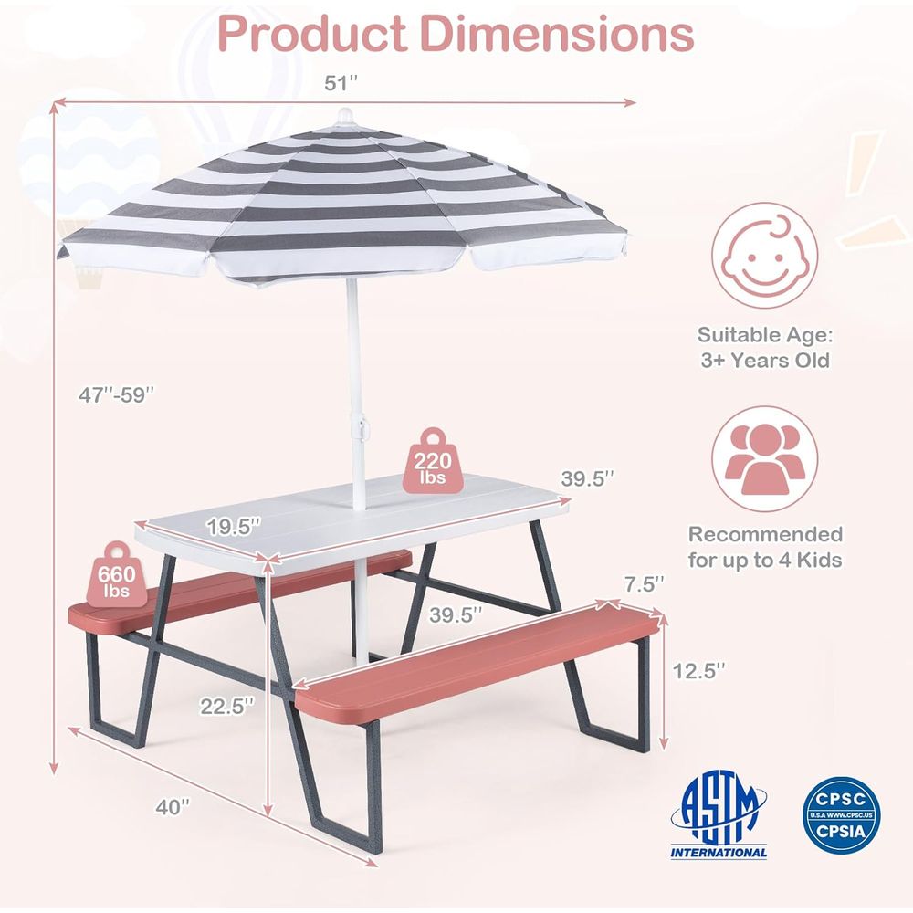 어린이 피크닉 테이블, 유아용 야외 테이블 및 벤치 세 - Kids Outdoor Table With Umbrella 리뷰 및 가격